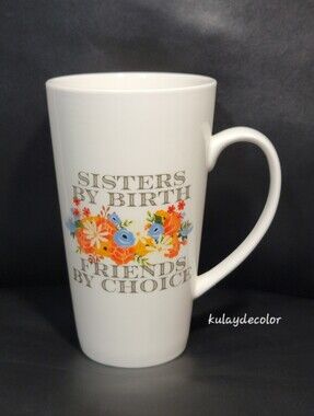 Sisters By Birth Friends By Choice Orange Blue Floral Latte Coffee Mug Gift Idea
